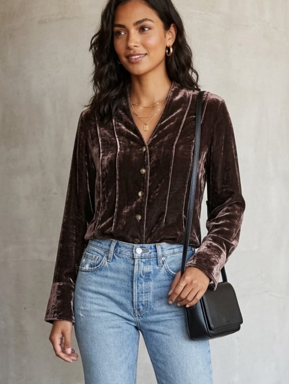 J.Jill Brown Crushed Velvet Button Down Jacket Top Medium Vintage Whimsigoth